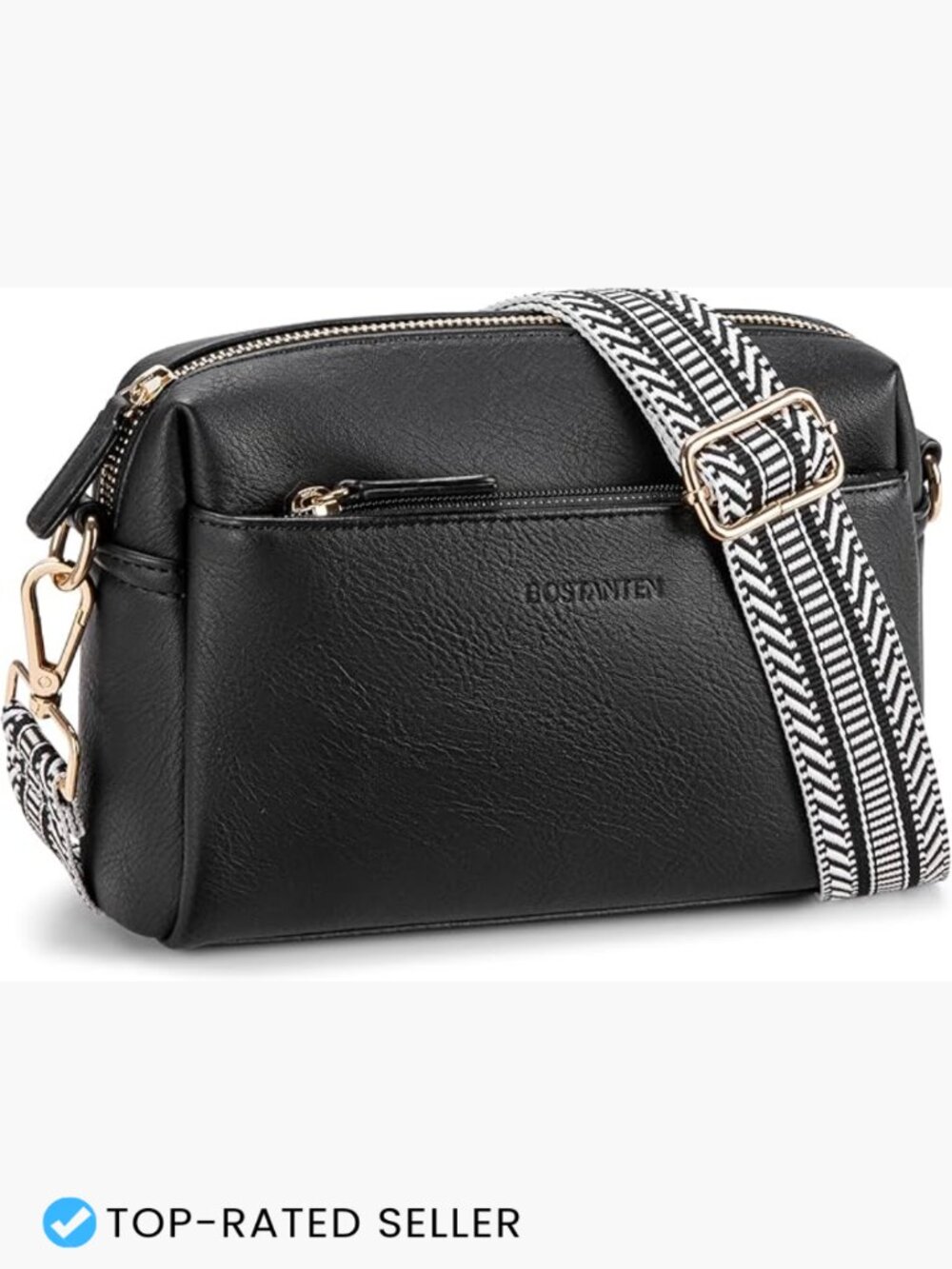 Triple Zip Crossbody Leather Handbag with Guitar Strap